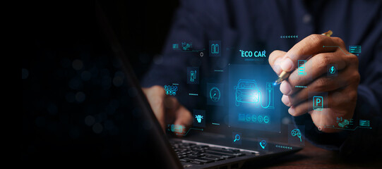 Industrial Engineer and AI, Artificial Intelligence concept, Manager Technical Industrial Engineer people and control robotics with monitoring system software and icon industry, Car EV technology