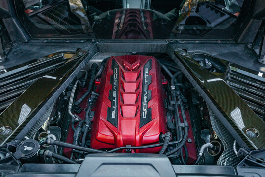 Poland, Stalowa Wola - July 18, 2024: Chevrolet Corvette Stingray C8 3LT Z51 Performance 6.2l DI HP V8 LT2 (505 KM, 637 Nm)