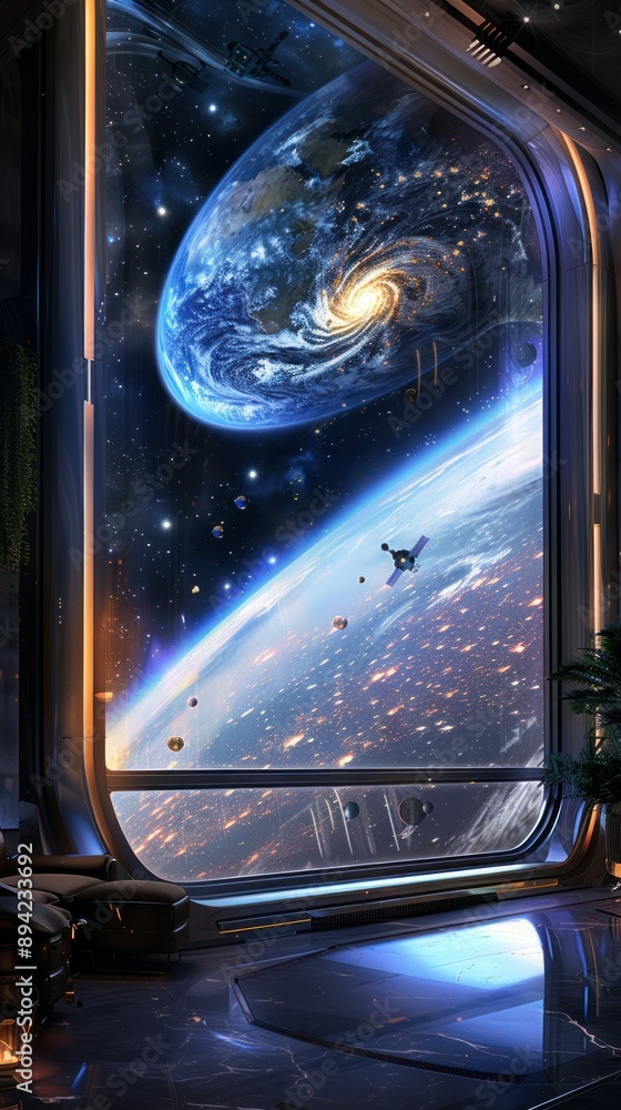 Poster a futuristic spacecraft interior with a large window showing a view of earth from space