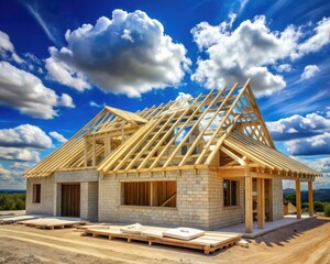 Fototapeta premium Newly built residential house with wooden roof framework exposed, awaiting installation of roofing materials, set against a vast empty blue sky with few scattered clouds.