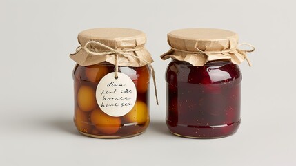 Artisanal jam jar with a handwritten label and seasonal fruit illustrations, highlighting homemade quality. , Minimalism,