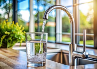 Fresh clean drinking water flows from a modern kitchen faucet into a clear glass cup, filling it to the brim with crystal clear hydrating liquid refreshment.