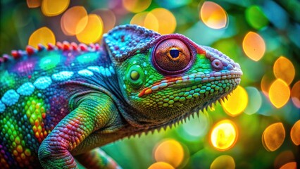 Obraz premium Vibrant green panther chameleon lizard on a tree, stunning extreme close-up with cinematic bokeh, showcasing psychedelic multicolor scales in a mesmerizing animal artwork.