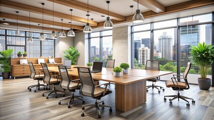 Fototapeta premium Modern corporate office interior with sleek furniture, empty chairs, and collaboration boards, conveying a sense of teamwork and productivity in a busy work environment.