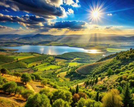 Sun-kissed landscape of rolling hills, verdant valleys, and sparkling waters, evoking a sense of promised land abundance, as seen from Nebo's majestic vantage point.