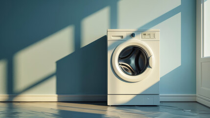 A pristine white washing machine sits on a tiled floor, bathed in the soft glow of sunlight streaming through a nearby window