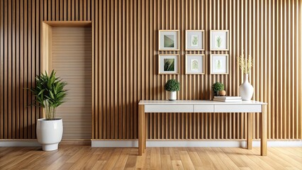 Template of minimalist modern wooden wall with slats and white console table.  Interior mockup with clean walls for pictures, posters, paintings, sculptures, and other wall art.