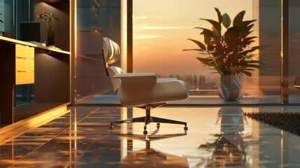 A modern chair positioned in a contemporary room with a breathtaking sunset view of a city skyline