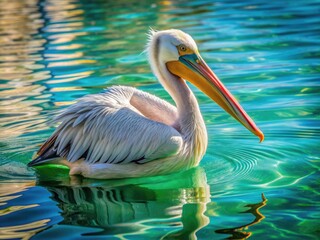 A serene pelicanfloats effortlessly on calm turquoise water, its snowy white feathers glistening in warm sunlight, surrounded by gentle ripples and aquatic vegetation.