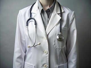A crisp white coat drapes elegantly on a vacant background, a stethoscope hangs neatly around the neck, symbolizing a dedicated young female doctor's professional presence.