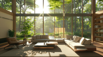 Fototapeta premium Bright and airy modern living room with big windows and sunlight filtering through the trees