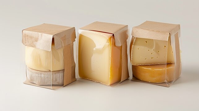 Artisanal cheese packaging with a rustic look and a window to showcase the product inside. , Minimalism,