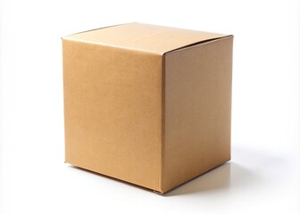 Fototapeta premium A rectangular cardboard box with brown kraft paper texture stands upright on a perfectly white empty background, symbolizing packaging, shipping, and storage concepts.