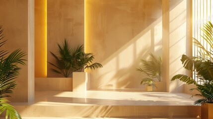 Tropical Abstract Interior Studio with Golden Light and Cement Mockup