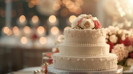 Fototapeta premium Elegant white wedding cake with floral topper and candlelight background.