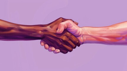 Design a detailed depiction of two hands clasped together in a handshake against a solid purple background. The hands should show the interaction and connection 