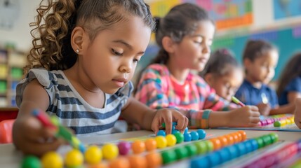 Elementary school students are deeply engaged in a math lesson, using colourful manipulatives to explore and understand, the effectiveness of interactive learning in early childhood education