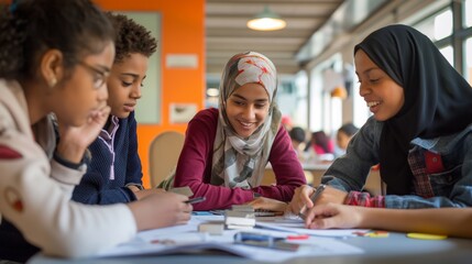 In a classroom, teenage Muslim students are seen collaborating on a school project, their interaction and focus illustrating the positive impact of inclusive and interactive learning environments