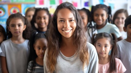 Obraz premium The classroom with an energy cheerful black teacher stands at the center of a diverse elementary group of students, to learn and grow in this supportive and nurturing educational school environment