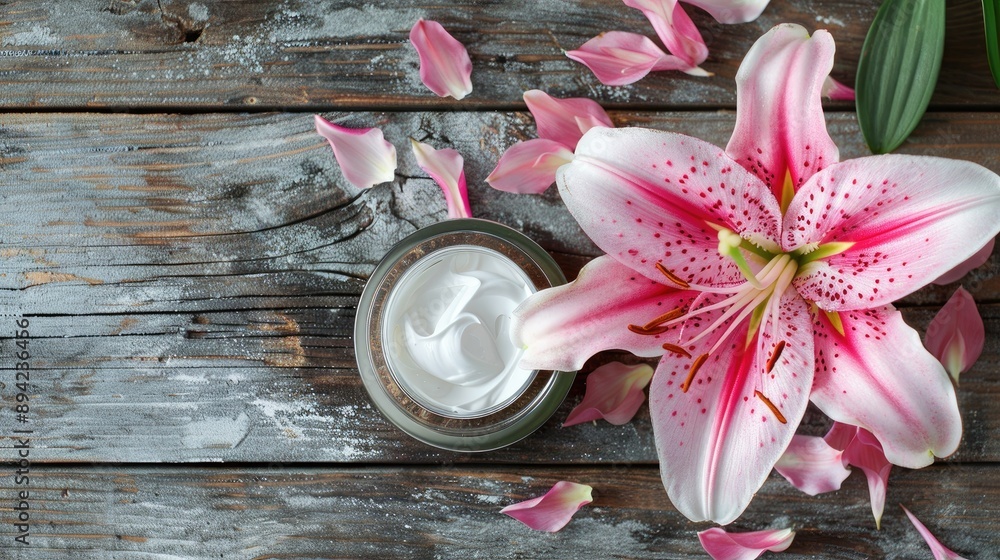 Sticker Pink lily with cosmetic cream on rustic wooden surface