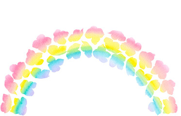花で形作った華やかな虹のアーチ。水彩で描いたイラスト。