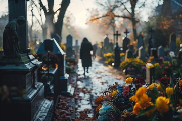 Naklejka premium Cemetery. Visiting and commemorating the dead. Funerals