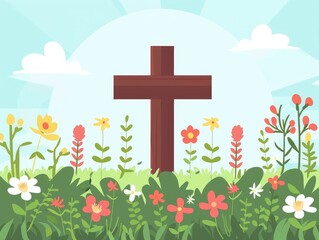 Vibrant Spring Landscape Featuring a Wooden Cross Surrounded by Colorful Flowers