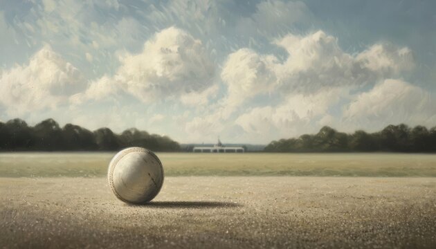 A lone white ball rests on a grassy field under a bright blue sky.