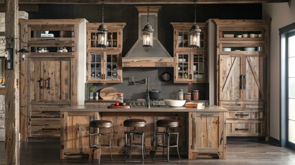 Obraz premium Rustic Wooden Kitchen with Island and Vintage Lighting