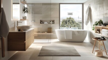 Fototapeta premium Elegant Modern Bathroom Interior with Panoramic View