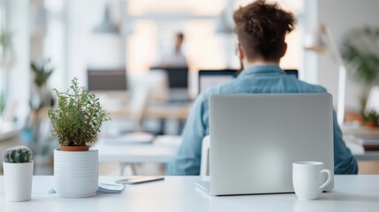 Bustling office environment with professionals working at desks, phone calls, video conferences, and collaborative meetings.