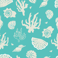 Marine seamless pattern. Underwater world. Shells and corals vector background. 