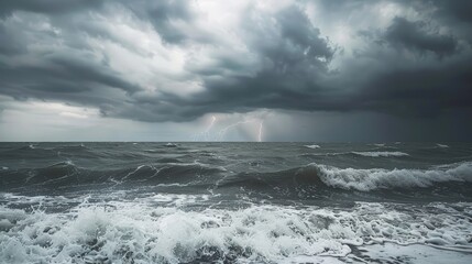 Dramatic Dutch Angle Shot of Stormy Seascape with Lightning - High Fidelity Image