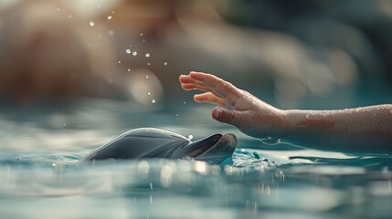 A child's hand reaches out to touch a friendly dolphin.