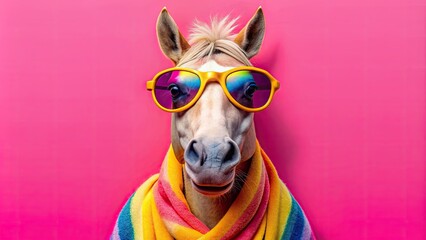 Vibrant pink and yellow background highlights a cool horse wearing trendy sunglasses and a colorful towel around its neck, exuding relaxation and summer vibes.