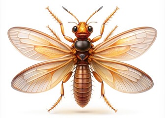 Fototapeta premium Vibrant digital art depiction of a termite with intricately detailed segmented body, delicate wings, and fine antennae, isolated against a pure white background.