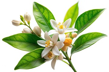 Fototapeta premium Delicate orange blossoms and leaves sprout from a small branchlet of an orange tree, isolated on a pure white background with a precise clipping path.