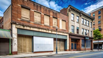 Abandoned urban street scene features a vacant commercial building with a blank signboard, surrounded by worn-out hoarding, conveying a sense of economic downturn.