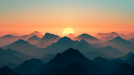 Obraz premium A mesmerizing mountain landscape at sunrise with layers of misty peaks and a warm, glowing sky.