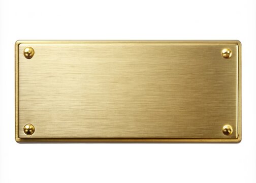 Highly detailed close-up shot of a shiny blank brass nameplate isolated over a pure white background, awaiting personalized engraving or customization.