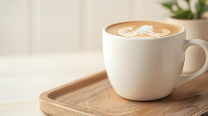 A white ceramic cup filled with a beautifully crafted latte sitting on a wooden tray, with a plant in the background.