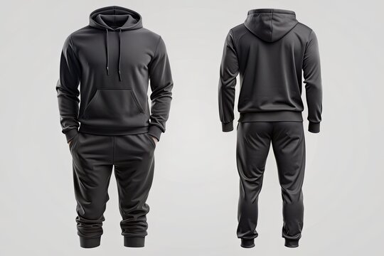 Front and back views of a black hoodie and sweatpants mockup, showcasing a comfortable and casual outfit with empty space for branding or design placement.