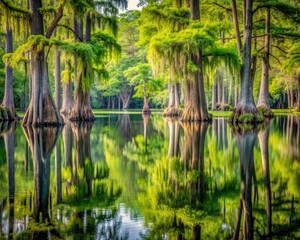 Obraz premium Serene and mystical water cypress swamp scene with dense green wilderness, moss-covered trees, and reflections in calm national park waters.