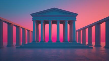 Fototapeta premium Ancient Greek temple with columns at sunset, vibrant pink and blue sky, serene and majestic architecture in classical style.