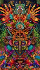 A vibrant digital illustration depicting a colorful mask adorned with feathers and tribal motifs