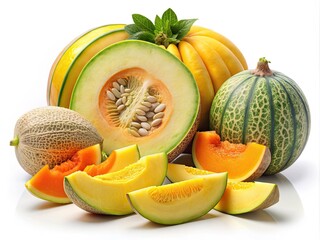 Vibrant collection of sliced organic fruits including banana punch, rock melon, and pumpkin, isolated on a white background with natural shadows, ready for online menu use.