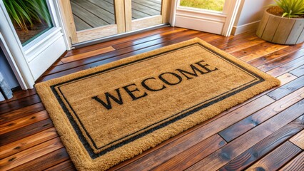 Cozy doormat with a warm and inviting message in a modern font, placed on a clean and stylish porch, perfect for a welcoming home.