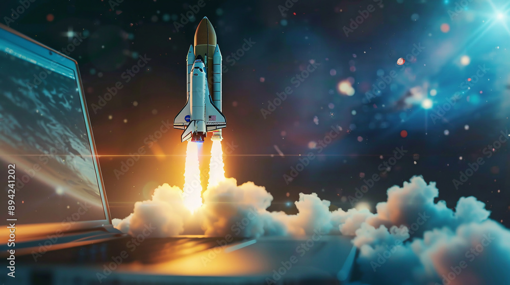 Poster space rocket shuttle with cloud of smoke and explosion takes off from laptop on work office desk wit