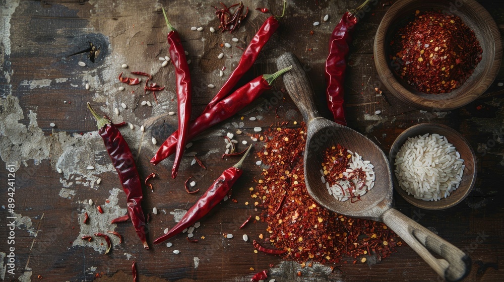 Poster Arranging dried chili ladle and dry rice for a photoshoot