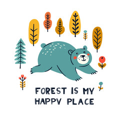 Cute Bear Exploring in the Forest - Forest is my happy place lettering Quote.